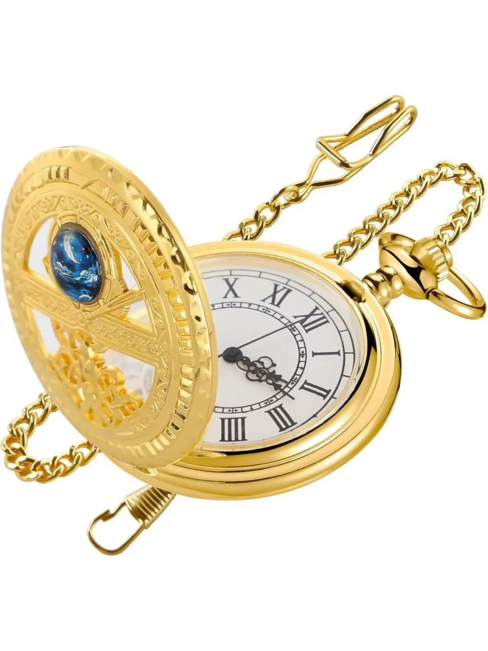 Men's All Gold Analog Quartz Arabic Numeral Moon Phase Chain Dial Pocket Watch